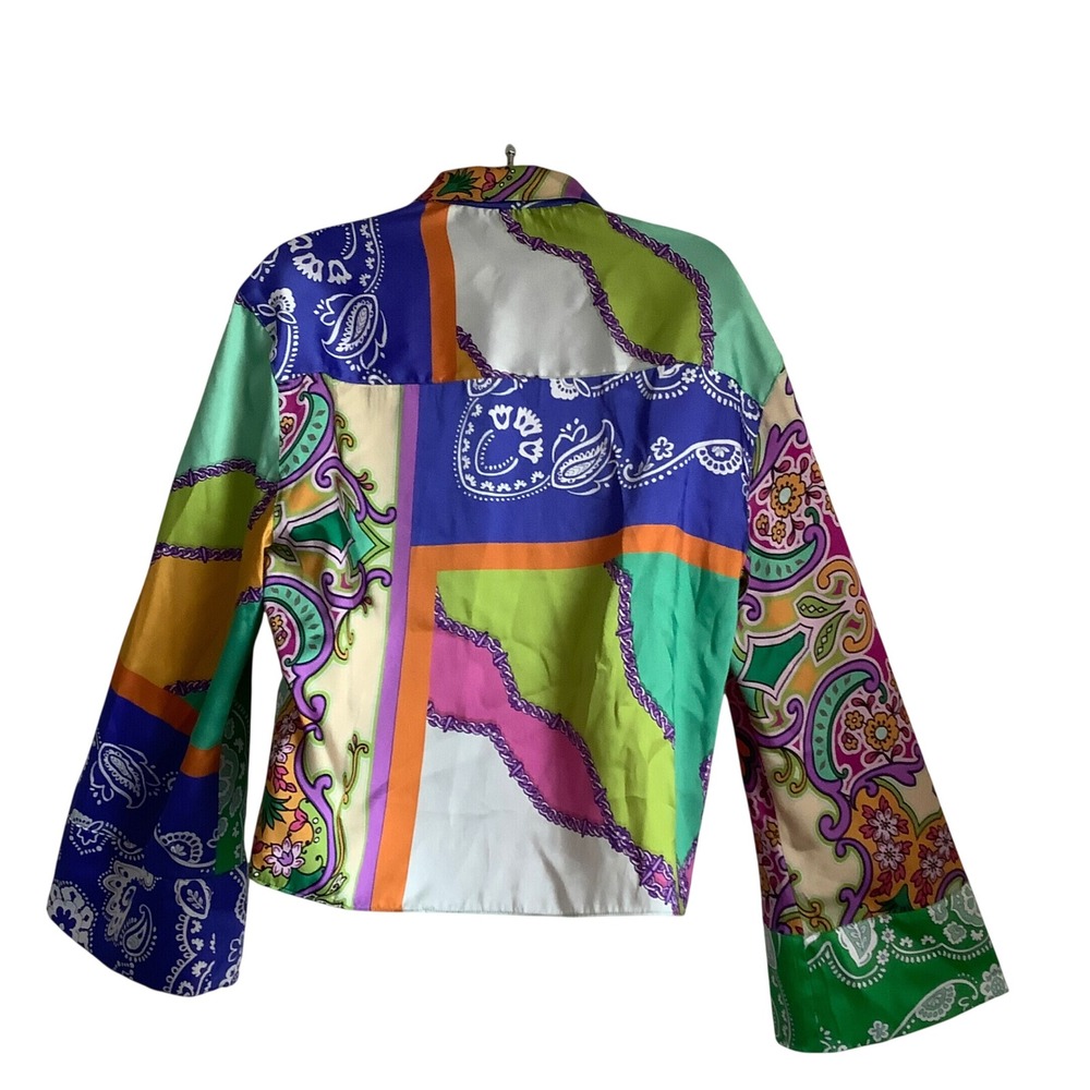 ZARA Womens Patchwork Scarf Print Satin Shirt Multi Color Paisley XL Crop Tie Fr - Picture 2 of 14